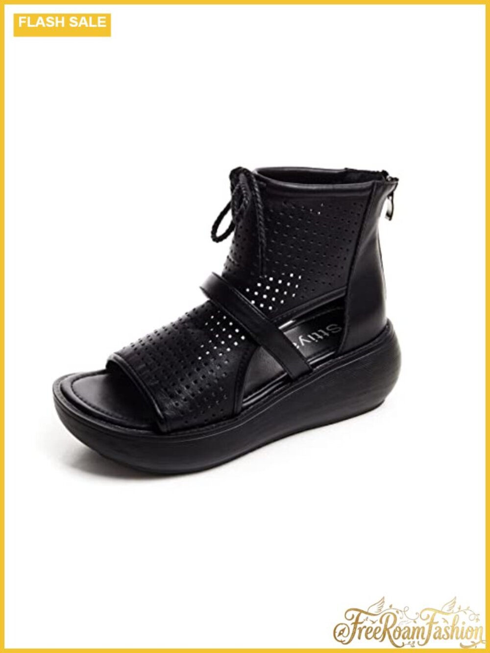 High Top Boot Sandals Open Toe Cutout Leather Platform Lace Up Sandals